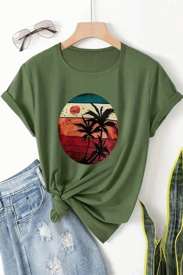 Kadın Kısa Kollu Palmiye Baskılı Viskon T-shirt
