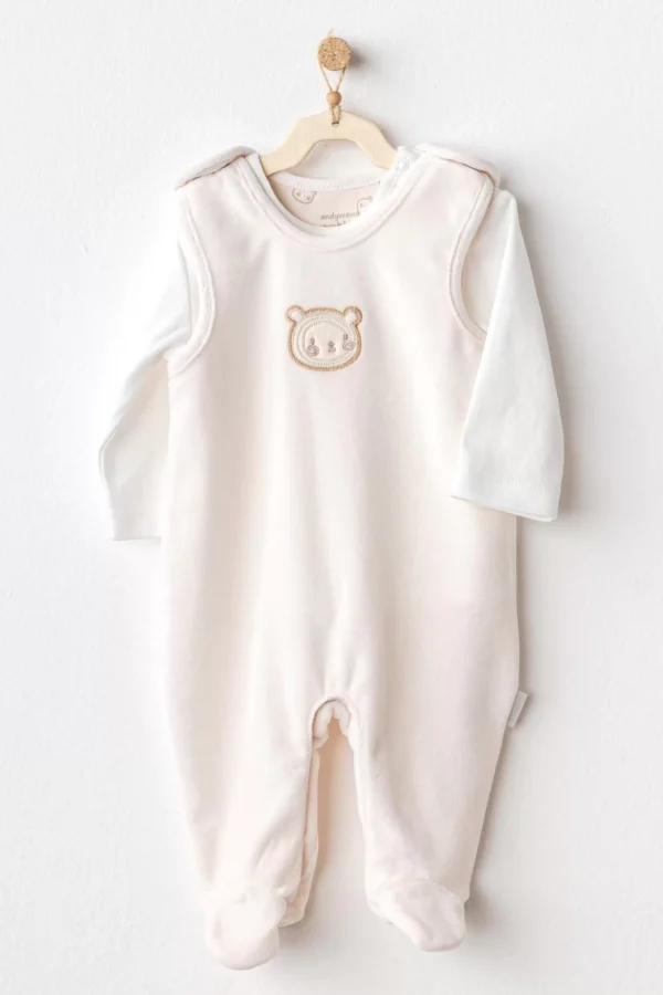 Bear Time Kadife Bebek Tulum Takım Ekru