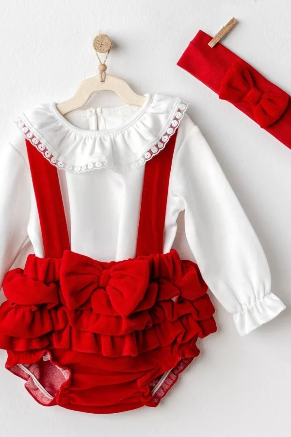 Happy Newyear 3'lü Kadife Bebe Tulum Takım Red