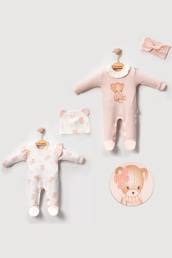 Ayıcık Baskılı Fitilli Şapkalı 2 Adet 2'li Kız Bebek Tulum