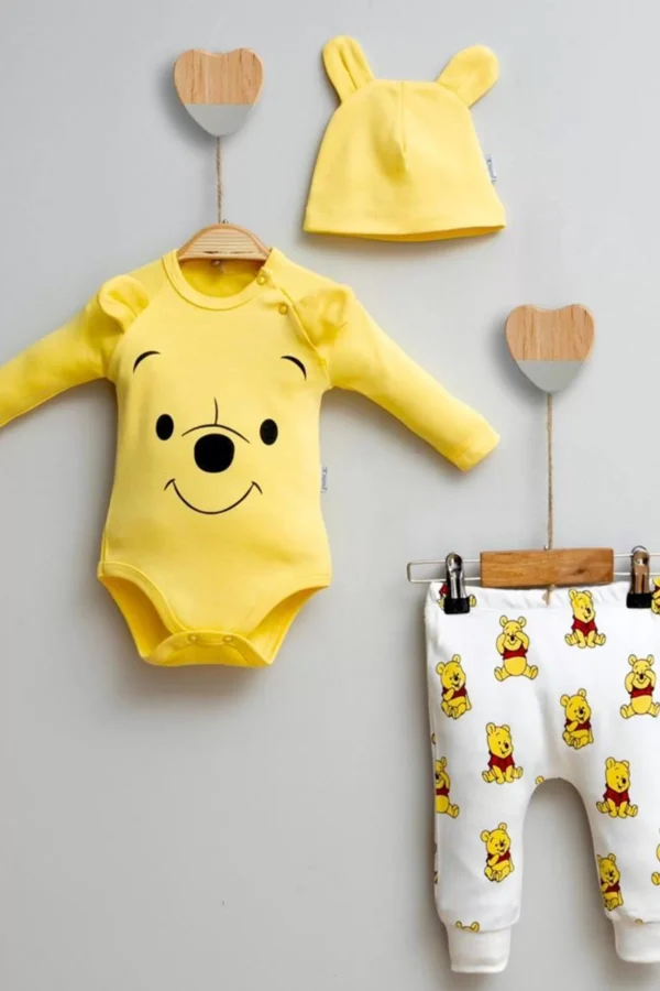 Ayıcık Desenli Şapkalı % 100 Pamuk 3'lü Erkek Bebek Takımı