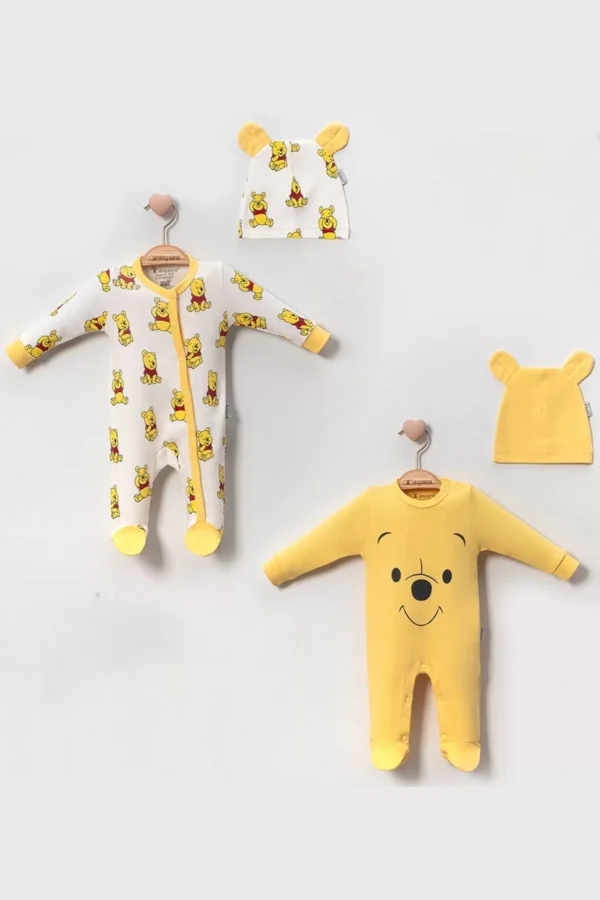 Ayıcık Pooh Baskılı Şapkalı 2 Adet 2'li Unisex Bebek Tulum