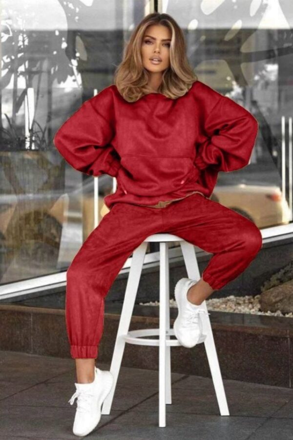 Kadın Dalgıç Süet Kumaş Kapüşon Ve Kanguru Cep Detaylı Ikili Takım