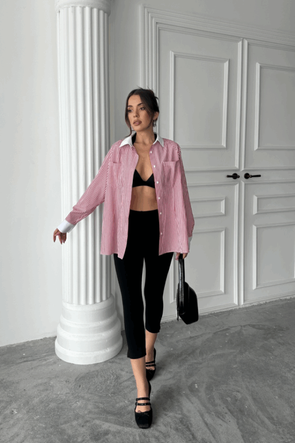 YAKA VE MANŞET BEYAZ  BOYFRİEND ÇİZGİLİ  POPLİN GÖMLEK - Mavi