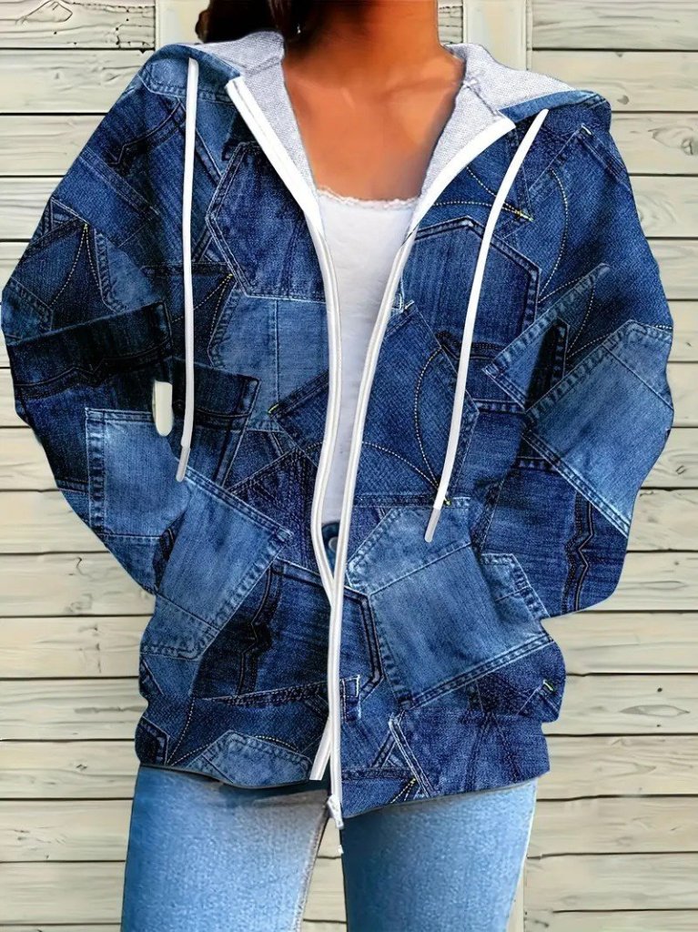 Kadın Uzun Kollu Kapşonlu Fermuarlı Kot Desenli Bağcıklı Modal Ceket - Görsel 3