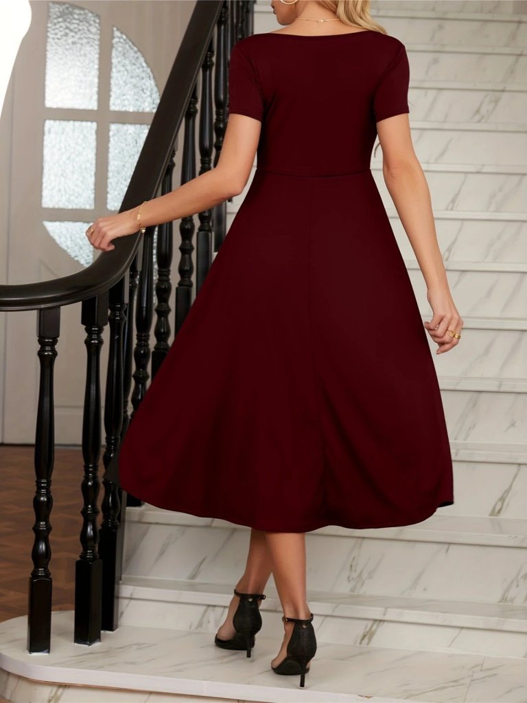 Kadın Kısa Kollu V Yakalı önden Pileli Midi Janjan Krep Elbise - Görsel 3