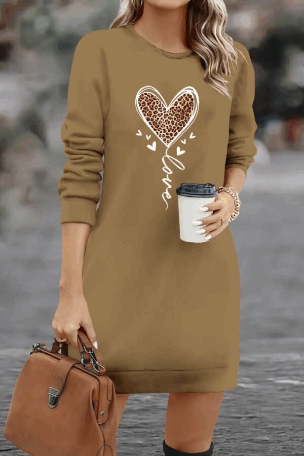 Kadın Uzun Kollu Bisiklet Yaka Kalp Desenli Kısa Viskon Elbise