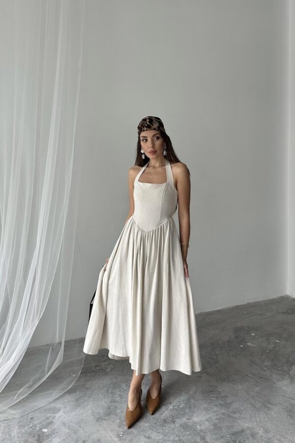 Yeşil Boyundan Bağlamalı Keten Elbise