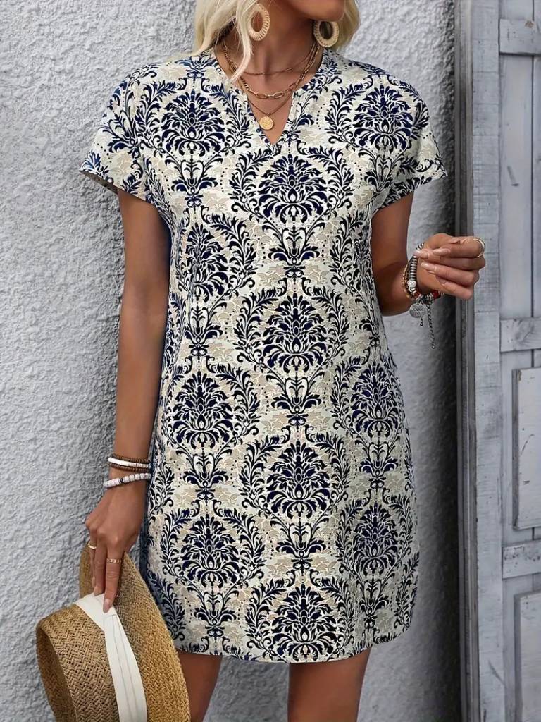 Kadın Kısa Kollu çentik Yaka çiçek Desenli Keten Elbise - Görsel 4