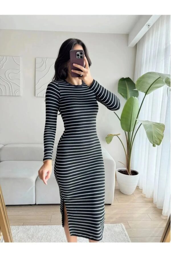 Kadın Bisiklet YakaYırtmaç Detay Çizgili Elbise