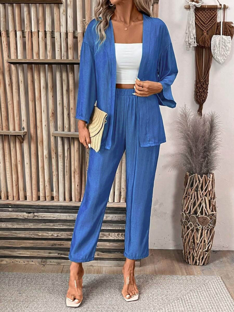 Kadın Uzun Kollu önü Açık Dokuma Ceket Ve Pantolon Ikili Takım - Görsel 3