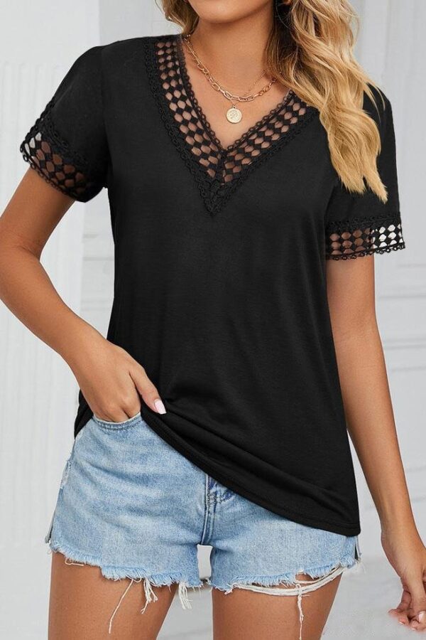 Kadın Kısa Kollu V Yaka Dantel Yakalı Viskon Bluz