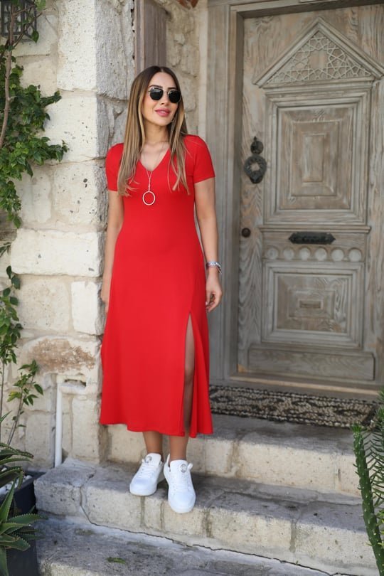 Kadın Kısa Kollu V Yaka Maxi Boy Elbise 124 Cm - Görsel 16