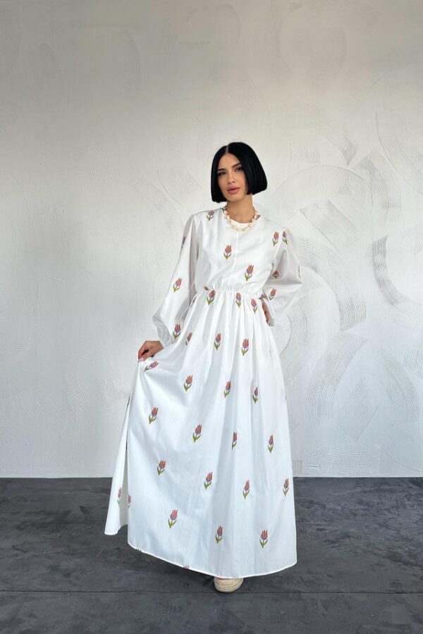 Oranj Lale Desenli Brode Elbise