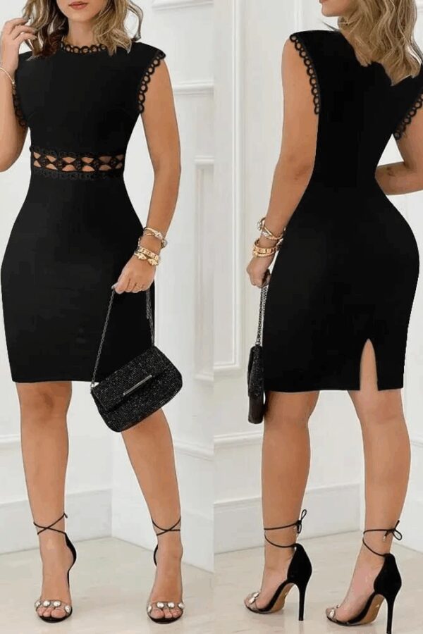 Kadın Kısa Kollu Bisiklet Yaka Bel Dantel Detay Ithal Krep Elbise