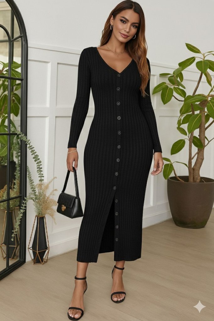 Kadın Uzun Kollu V Yakalı önden Düğmeli şardonlu Kaşkorse Elbise - Görsel 7