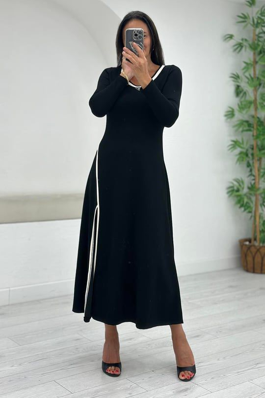 Kadın Uzun Kollu Yuvarlak Ribana Yaka Yırtmaçlı Uzun Viskon Iki Iplik Elbise - Görsel 9