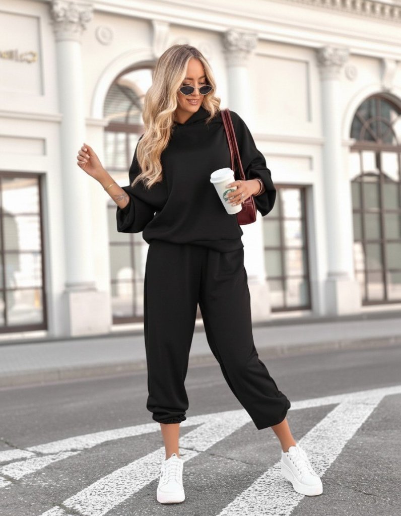 Kadın Uzun Kollu Kapşonlu Viskon Iki Iplik Bluz Ve Pantolon Ikili Takım - Görsel 4