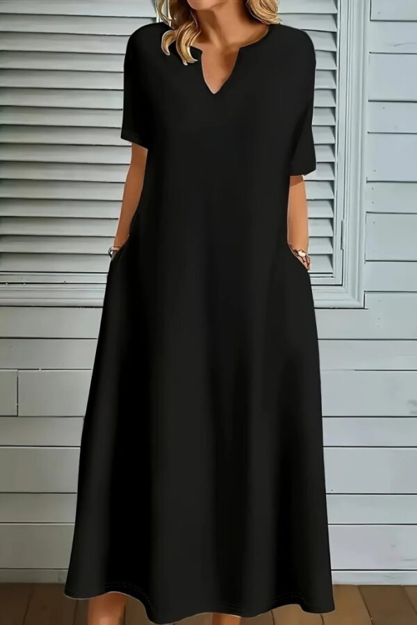 Kadın Kısa Kollu V Yakalı Cep Detaylı Uzun Janjan Krep Elbise