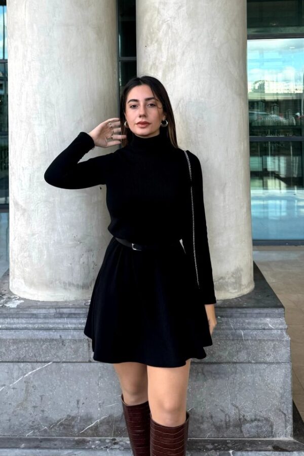 Kadın Uzun Kollu Balıkçı Yaka Salaş Kusa Akrilik Elbise