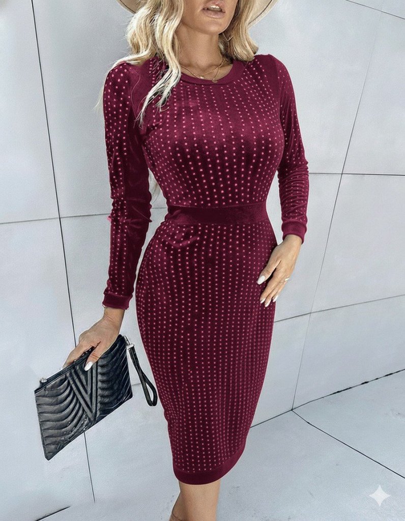 Kadın Uzun Kollu Bisiklet Yaka Taşlı Midi Kadife Elbise - Görsel 10