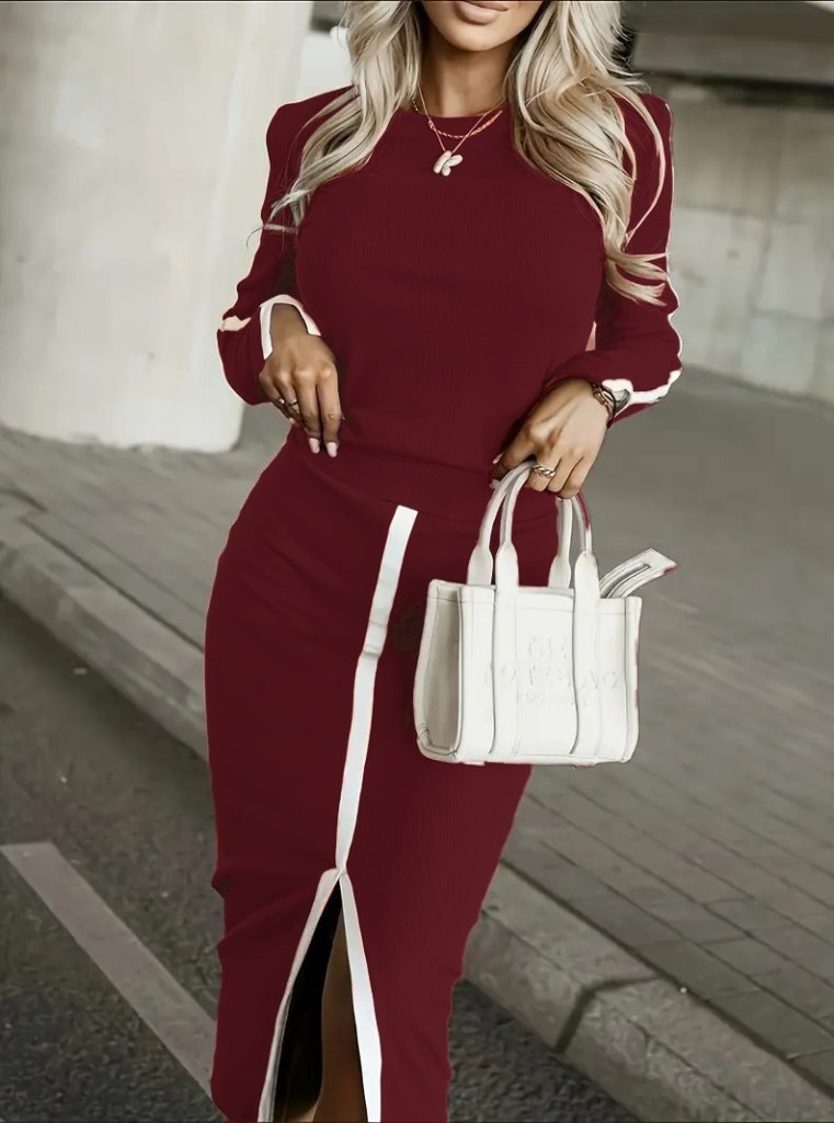 Kadın Uzun Kollu Bisiklet Yaka Kaşkorse Bluz Ve Yırtmaçlı Etek Ikili Takım - Görsel 5