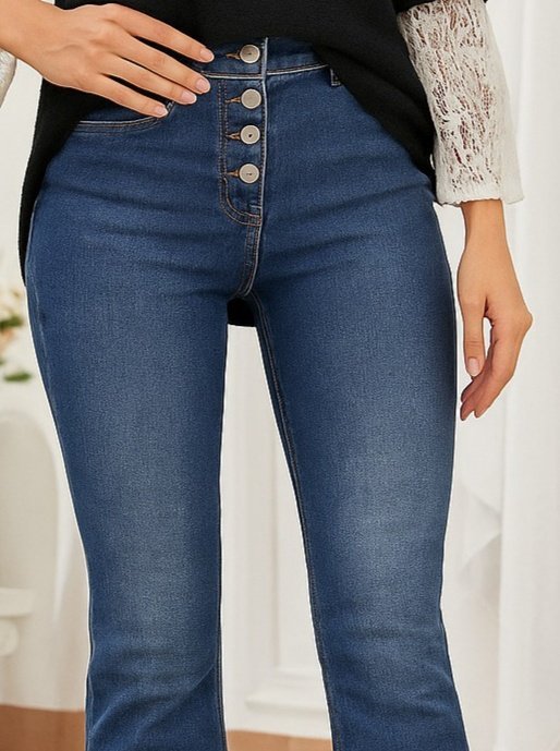 Kadın Yüksek Bel önden Düğmeli Cep Detay Ispanyol Paça Denim Pantolon - Görsel 2