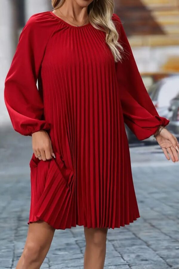 Kadın Uzun Kollu Yuvarlak Yaka Pileli Salaş Mini Ithal Krep Elbise