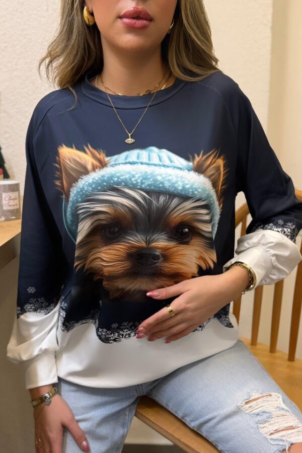 Kadın Uzun Kollu Bisiklet Yaka Köpek Baskılı şardonlu Dalgıç Bluz