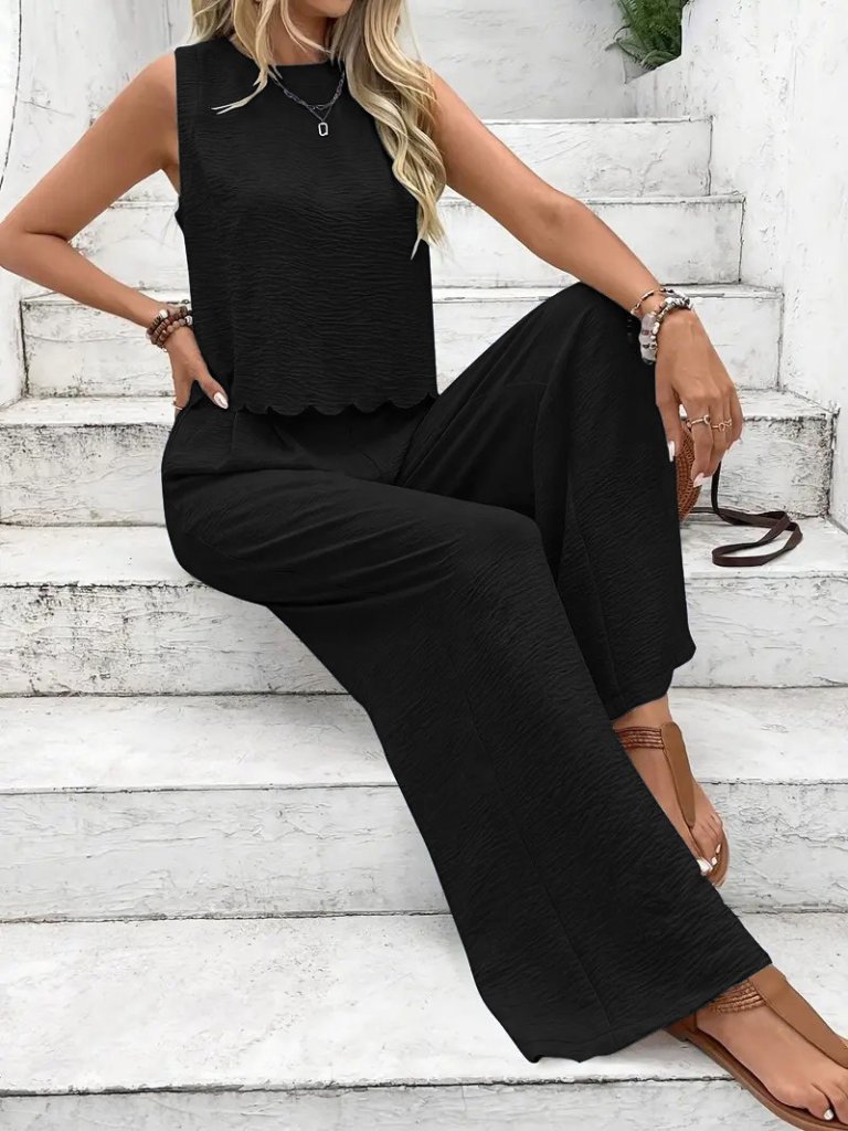 Kadın Sıfır Kollu Bisiklet Yaka Arkadan Bağlamalı Aer8bin Bluz Ve Pantolon Ikili Takım - Görsel 2