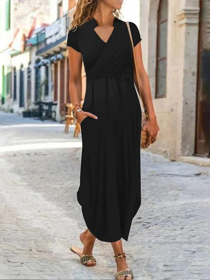 Kadın Kısa Kollu Hakim V Yaka Viskon Elbise - Görsel 3