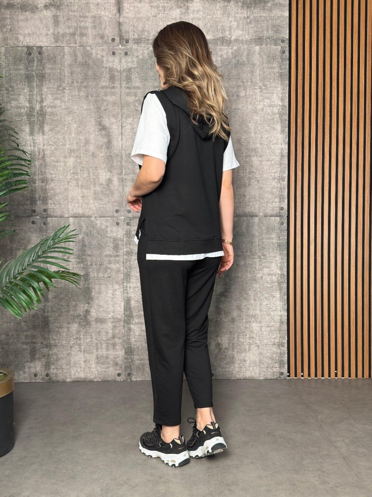 Kadın Kısa Kollu V Yakalı Kapşonlu Viskon Iki Iplik Bluz Ve Pantolon Takım - Görsel 4