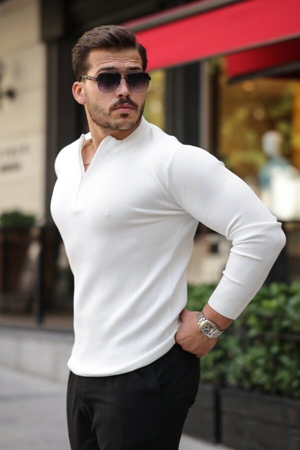 Erkek Fermuarlı Bisiklet Yaka Dokulu Uzun Kollu Triko