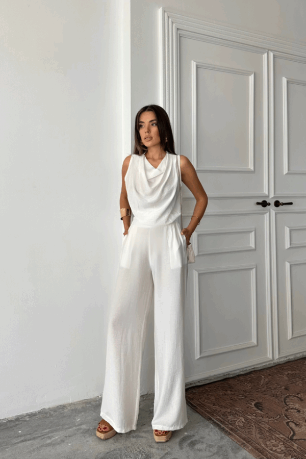 DEGAJE YAKA KOLSUZ BLUZ - PANTOLON TAKIM - Taş