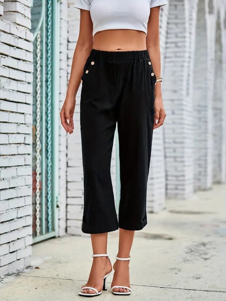 Kadın Beli Lastikli Düğme Ve Cep Detaylı Kapri Ithal Keten Pantolon - Görsel 3