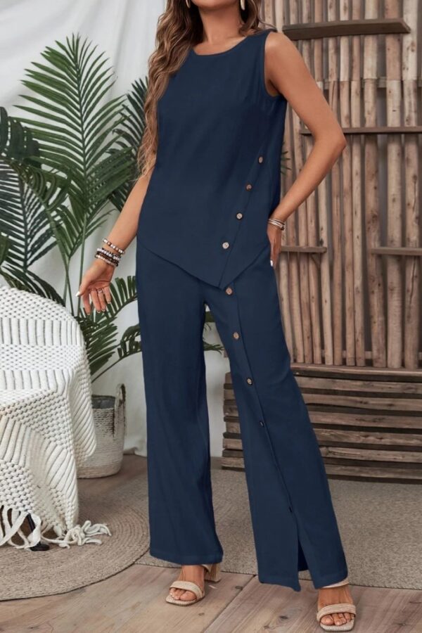 Kadın Kolsuz Düğmeli Asimetrik Detaylı Bürümcük Bluz Ve Pantolon Takım