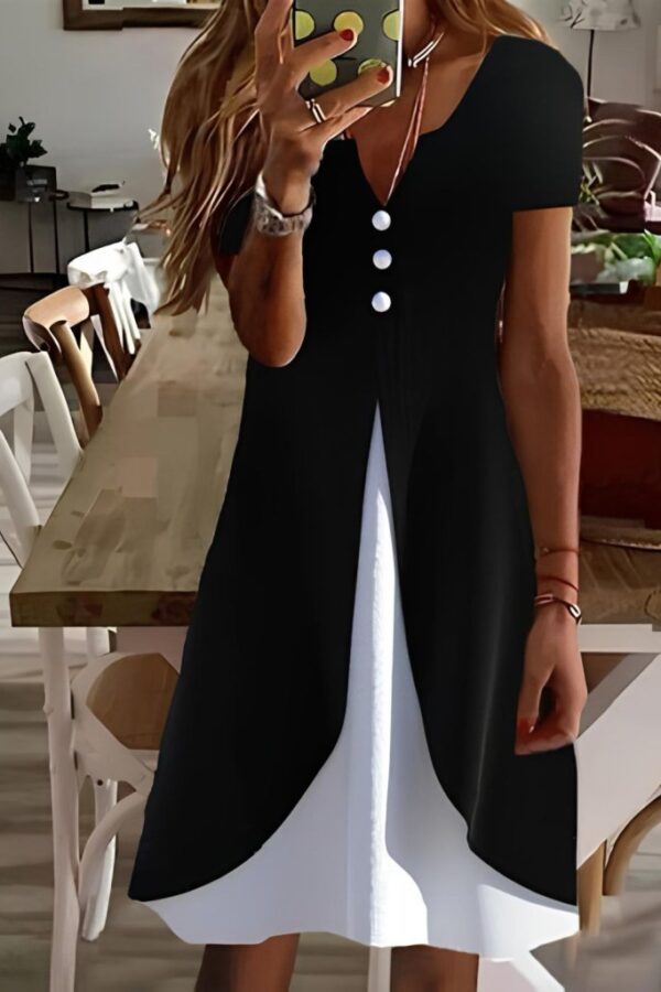 Kadın Kısa Kollu V Yakalı önden Düğmeli çift Renkli Viskon Elbise
