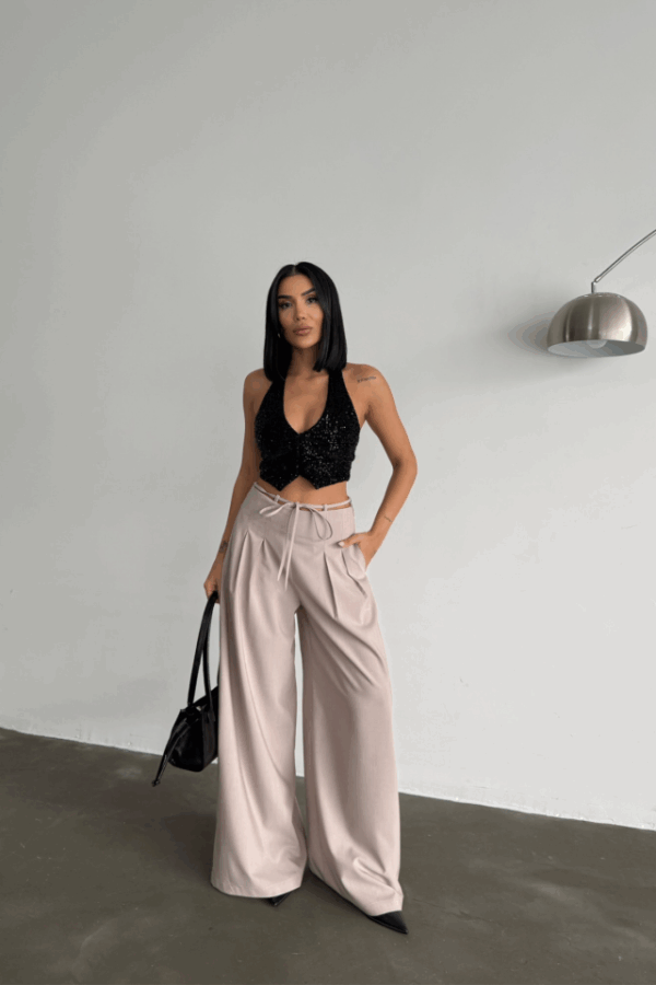 TASARIM SALAŞ  PANTOLON BEL İP DETAYLI - Bej
