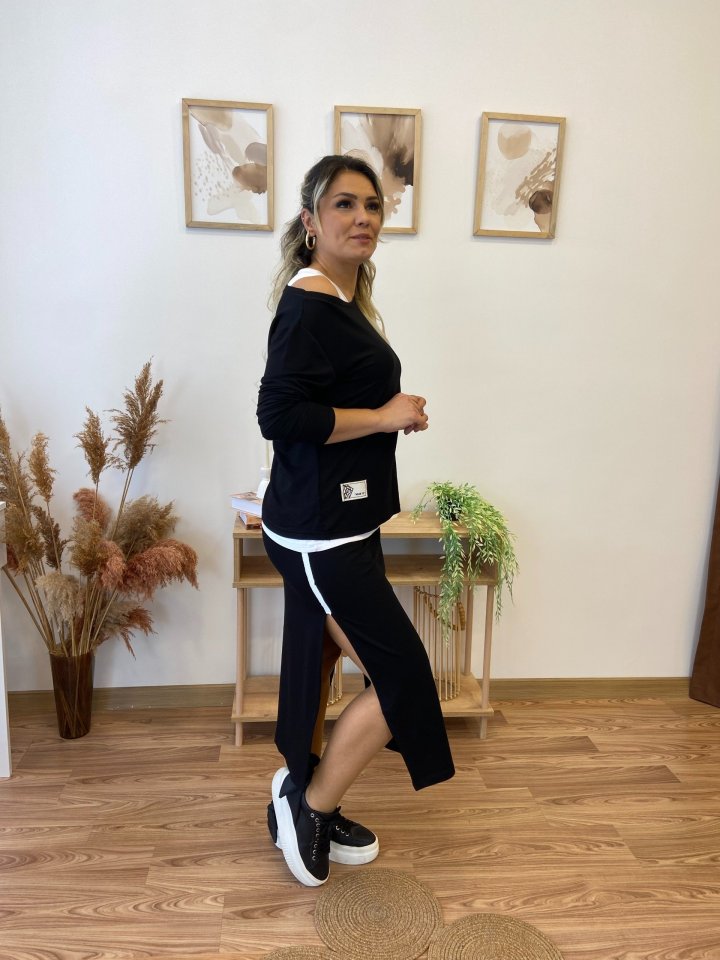 Kadın Uzun Kollu Tek Omuzu Açık Viskon Bluz Içi Atletli Ve Yandan şeritli üçlü Viskon Ikili Takım - Görsel 2