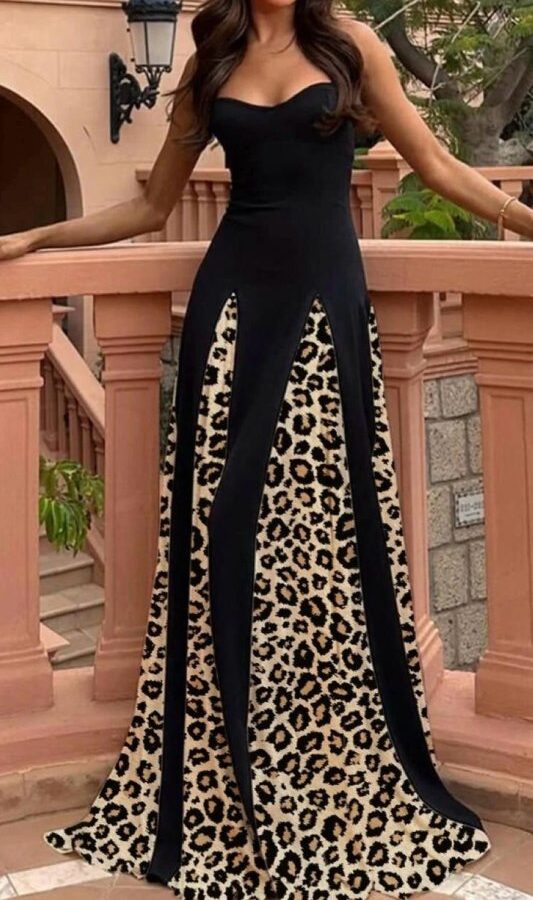 Kadın Dalgıç Kumaş Leopar Desenli Kloş Elbise