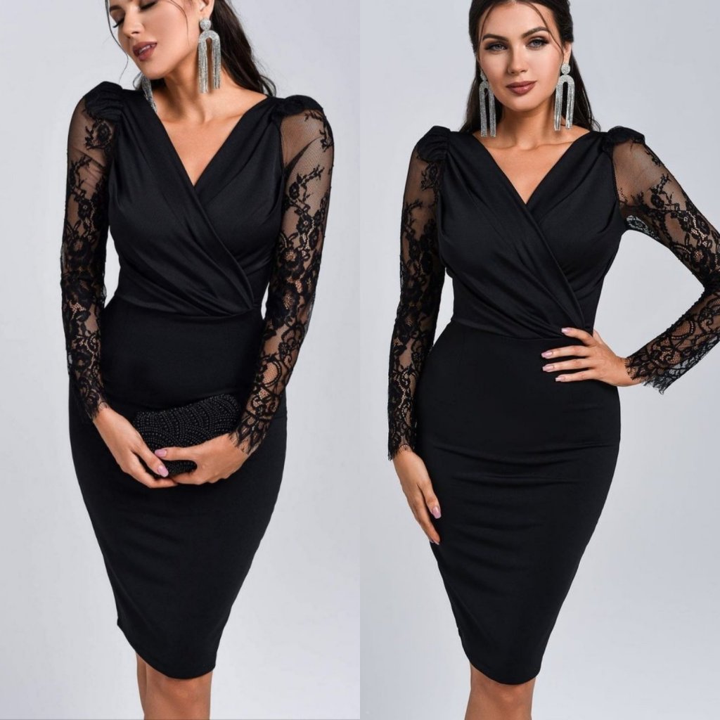 Kadın Uzun Kollu Kruvaze Yaka Kollar Tül Detay Krep Mini Boy Elbise - Görsel 2