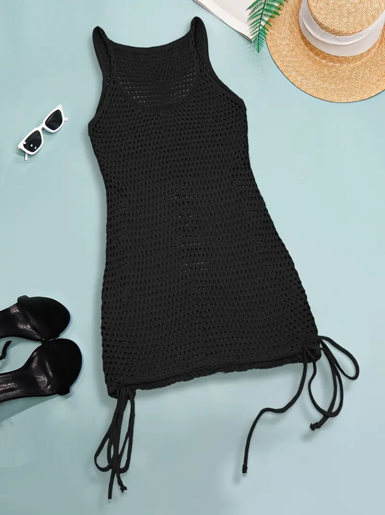 Kadın Askılı Eteği Büzgü Bağlama Detay Delikli örme Triko Pareo Elbise - Görsel 4