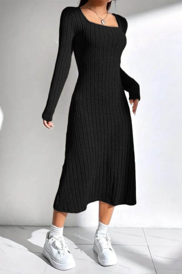 Kadın Uzun Kollu Kare Yakalı Midi şardonlu Kaşkorse Elbise