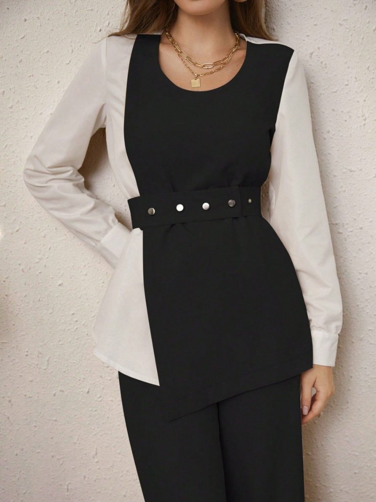 Kadın Uzun Kollu Açık Yakalı çift Renkli Kemerli Ithal Krep Ikili Takım - Görsel 12