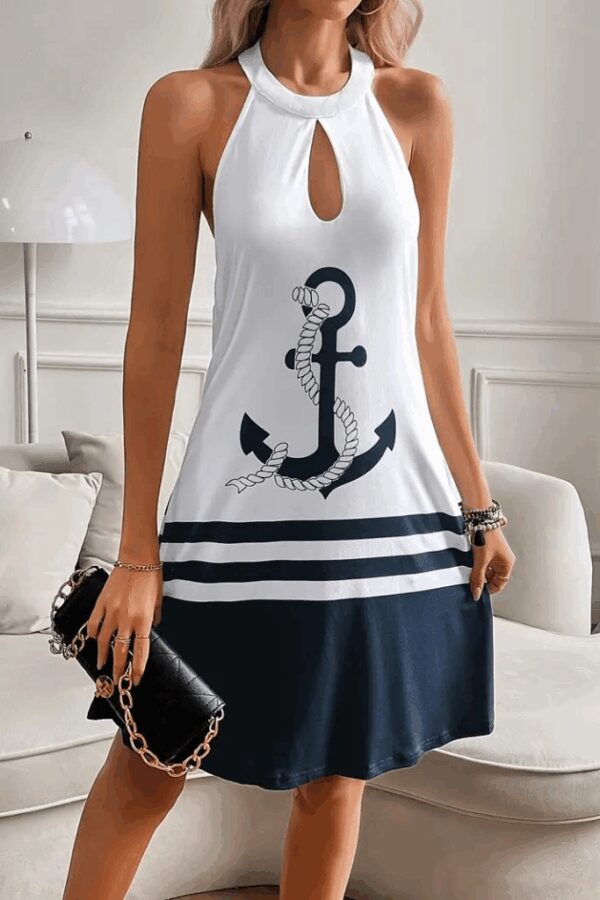 Kadın Askılı çıpa Baskılı Sırtı Açık Kısa Süprem Elbise