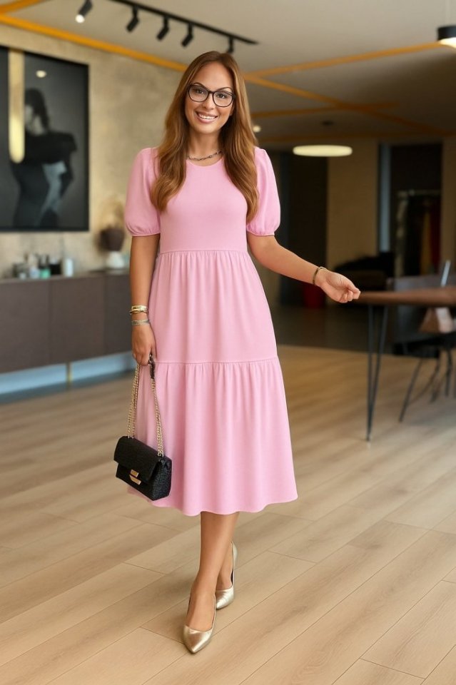 Kadın Kısa Kollu Yakası Açık Katlı Bürümcük Balon Elbise - Görsel 2