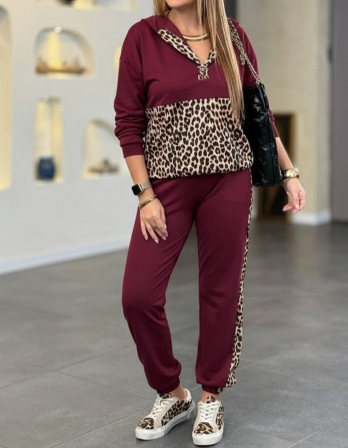 Kadın Uzun Kollu Kapşonlu Leopar Desen Detaylı Viskon Iki Iplik Bluz Ve Pantolon Ikili Takım - Görsel 15