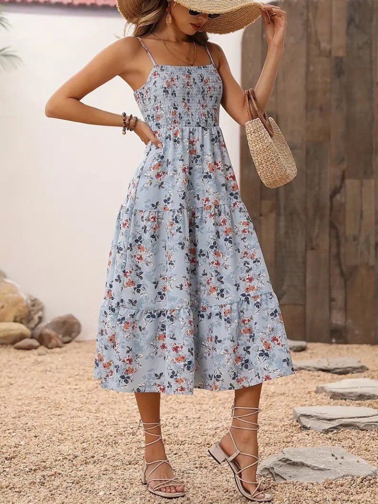 Kadın Ip Askılı Geniş V Yakalı Desenli Uzun Süprem Elbise - Görsel 9