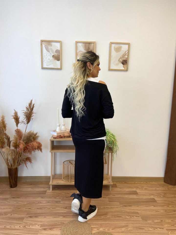 Kadın Uzun Kollu Tek Omuzu Açık Viskon Bluz Içi Atletli Ve Yandan şeritli üçlü Viskon Ikili Takım - Görsel 5