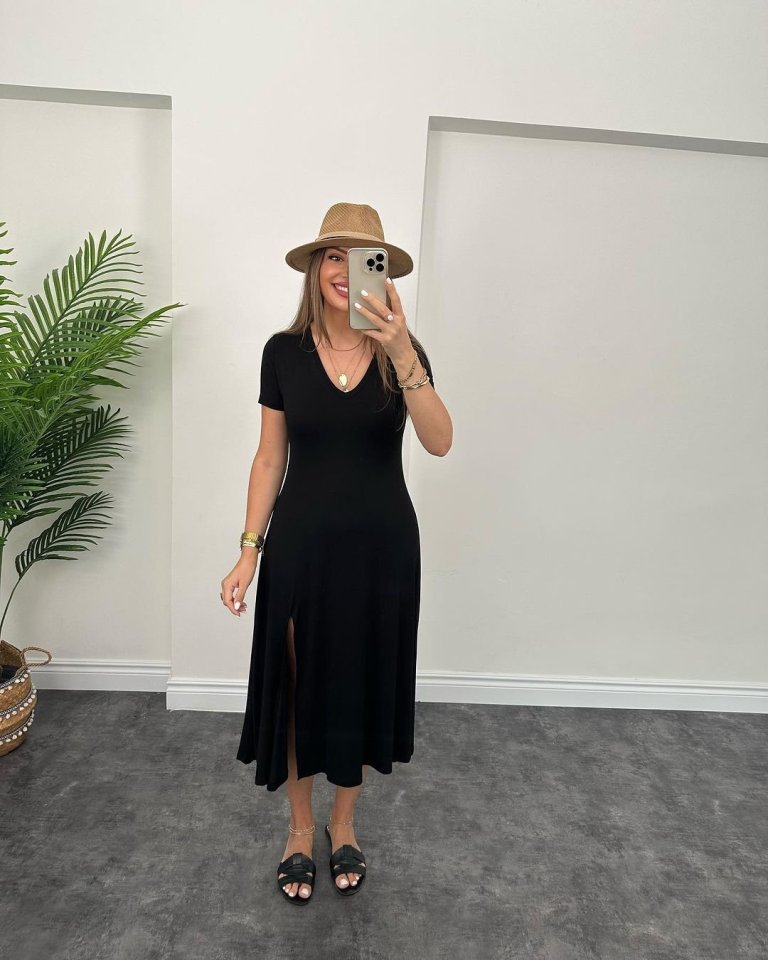 Kadın Kısa Kollu V Yaka Maxi Boy Elbise 124 Cm - Görsel 8